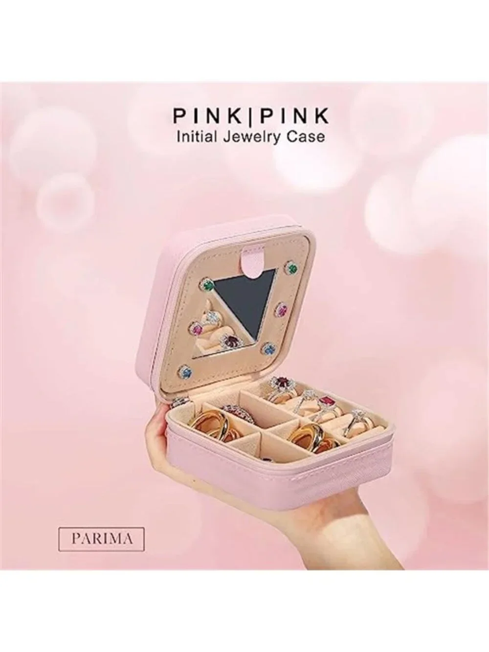 Personalized Travel Jewelry Case Leather Organizer Box Mirror Monogram Pink